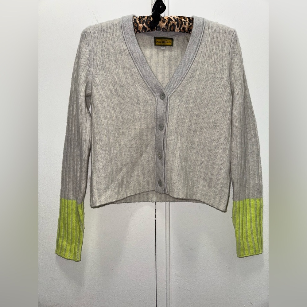 Maxwell & Co Cape Cod Cashmere Cardigan with colorblock neon grey cottagecore